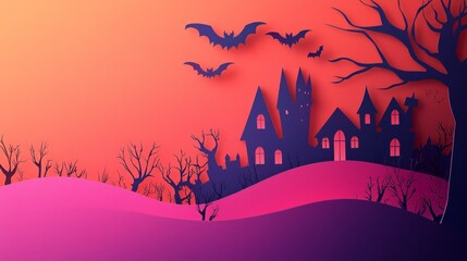 Paper craft. Halloween background. Handmade. Paper cut out with dark background. Background for Halloween cards and decorations. Copy space