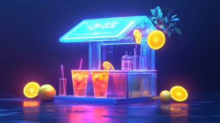 A futuristic lemonade stand with holographic drink designs and glowing citrus slices, refreshing patrons style, isolated background