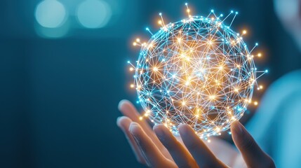 Poster - Unified Growth Sphere: A glowing sphere with different team members holding parts of its surface, with lines of light connecting them, representing the team, shared growth mindset
