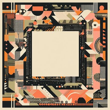 A square frame made of black and white patterned shapes, with an empty space in the center for text