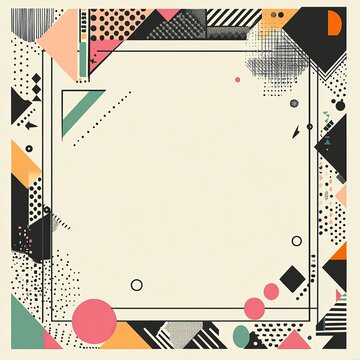 A square frame made of black and white patterned shapes, with an empty space in the center for text
