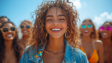 Diversity group of young friends having fun together outdoors rejoicing sunny weekend day