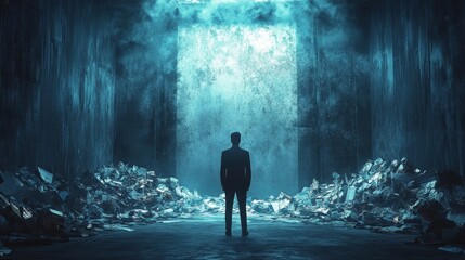 Wall Mural - A man stands in front of a large, open door in a dark, industrial setting