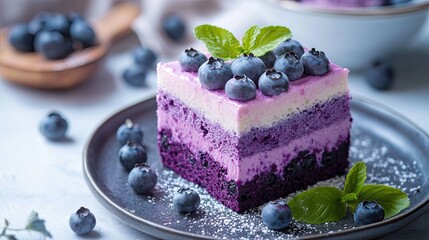 imagine a small square slice of this Mosaic Blueberry Velvet Cake. the background is clair and in a work plan in a beautiful kitchen