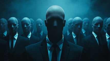 Sticker - A man with a skull on his head stands in front of a group of men in suits