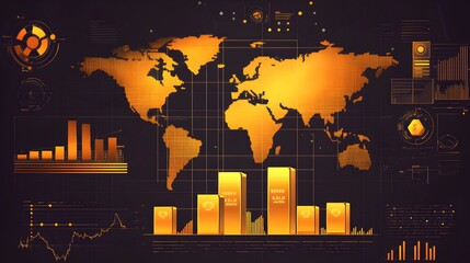 Poster - Comprehensive infographic visualizing key data points and dynamics of the global financial markets,including performance,currency exchange rates,economic growth patterns.