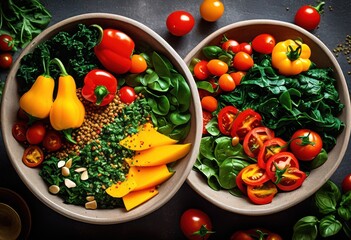 vibrant plant based meal bowls arranged beautifully colorful backgrounds showcasing fresh ingredients eye catching presentation, green, vegetable, fruit