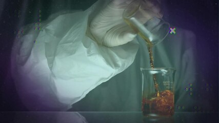 Poster - Animation of shapes over caucasian scientist pouring fluid into beaker