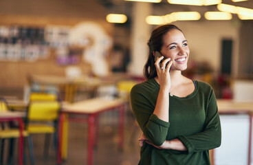 Poster - Phone call, business and woman in office, happiness and connection with network, chatting and conversation. Person, employee and consultant with smartphone, mobile user and communication with contact