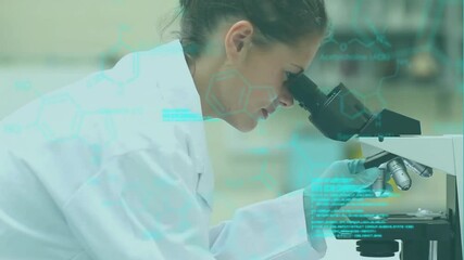 Poster - Animation of data processing over caucasian female scientist doing experiments