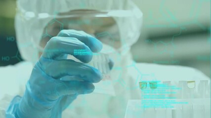 Poster - Animation of data processing over caucasian female scientist doing experiments
