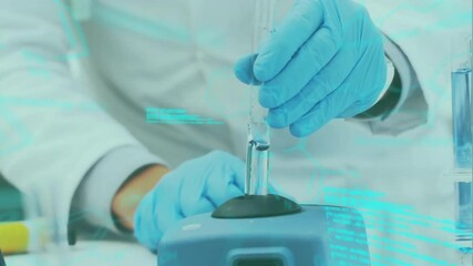 Poster - Animation of data procesing over caucasian scientist doing experiments