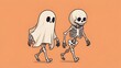© sembiz sembiz - spooky yet charming ghost and skeleton in playful halloween walk on orange