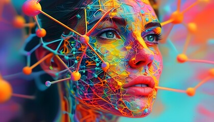 Wall Mural - Abstract representation of a womans face embodying intricate connections and relationships in vibrant, colorful blur