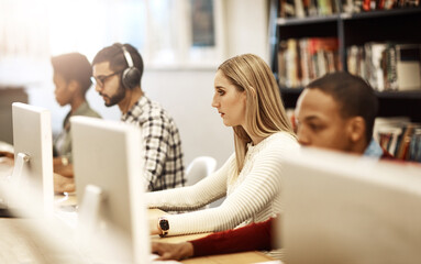 Aufkleber - Girl, computer and students learning at library for education, knowledge or test preparation in college. University research, woman and internet for studying, project notes and online exam report