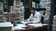 © Ilia - Doctor in a white coat sitting at a desk, filling out paperwork, with stacks of documents piled high around the desk. Concept of excessive paperwork in the medical field.