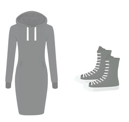 Wall Mural - Grey hoodie dress and boots. vector illustration