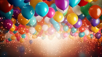 Wall Mural - Vibrant birthday or anniversary party scene with rainbow-colored balloons in motion, perfect for festive backgrounds, greeting cards, or party room decorations.

