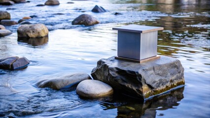 Poster - Minimalist lantern rests on rocks by a tranquil river.