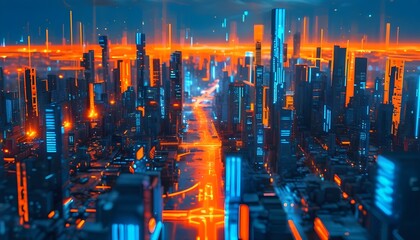 Futuristic cityscape illuminated by vibrant orange and blue lights, showcasing dynamic patterns that exude energy and technological sophistication