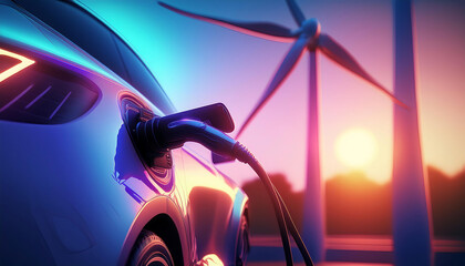 Wall Mural - turbine on the road with electric car charging