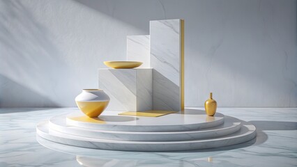 Wall Mural - Elegant geometric display with white and gold decor.