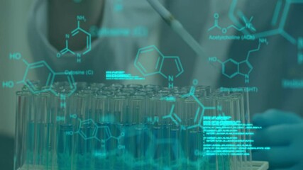 Poster - Animation of data processing and chemical formula over caucasian scientist doing experiment