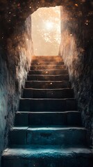 Poster - Ethereal Staircase:A Captivating Passage Leading Towards Unexplored Realms of Possibility and Transformation. The image evokes a sense of mystery,spirituality,and the allure of the unknown.