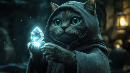 Enchanted Cat Sorcerer with Glowing Blue Crystal, Radiating Mystical Power and Magic