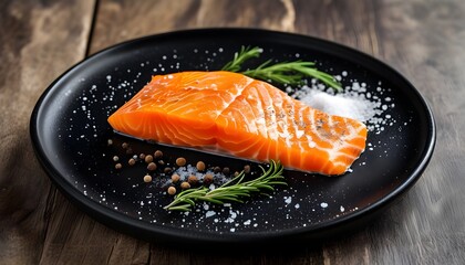 Wall Mural - Delicious salmon fillet elegantly presented on a sleek black plate, garnished with a sprinkle of salt and freshly cracked pepper