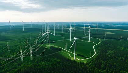 Vast green forest adorned with interconnected wind turbines and intricate lines weaving through nature