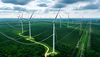 Vast green forest adorned with interconnected wind turbines and intricate lines weaving through nature