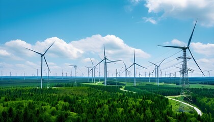 Wall Mural - Vast green forest adorned with interconnected wind turbines and intricate lines weaving through nature