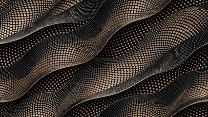 Canvas Print - Wavy abstract lines with shimmering golden dots.