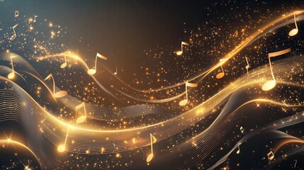 Poster - Golden music notes falling on a dark background with glowing waves, representing a dynamic and abstract musical concept. This elegant vector illustration creates a vibrant and immersive atmosphere, pe