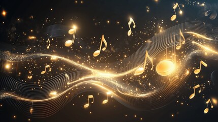 Aufkleber - Golden music notes falling on a dark background with glowing waves, representing a dynamic and abstract musical concept. This elegant vector illustration creates a vibrant and immersive atmosphere, pe
