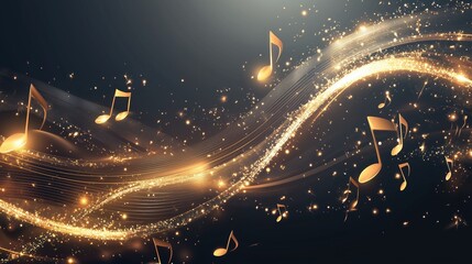 Poster - Golden music notes falling on a dark background with glowing waves, representing a dynamic and abstract musical concept. This elegant vector illustration creates a vibrant and immersive atmosphere, pe