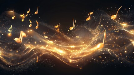 Poster - Golden music notes falling on a dark background with glowing waves, representing a dynamic and abstract musical concept. This elegant vector illustration creates a vibrant and immersive atmosphere, pe