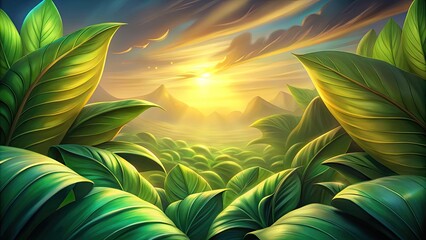 Poster - Sunlight filters through lush green leaves in a forest.