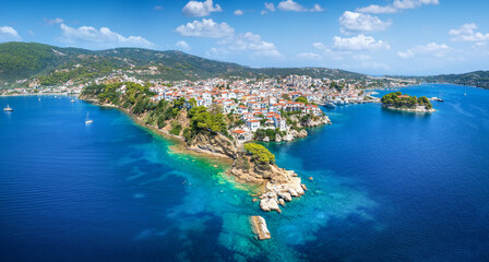 Wall Mural - panoramic summer view of the old harbor and town of skiathos island, sporades, greece, with bourtzi 