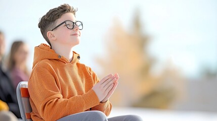 Young boy in orange hoodie and glasses praying with hands clasped.