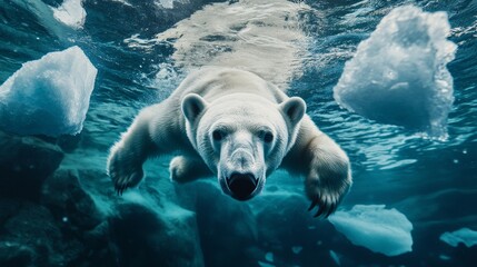 Wall Mural - a majestic polar bear swimming effortlessly in the icy blue waters of the arctic, surrounded by stun