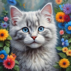  Grey kitten with blue eyes and flowers 