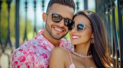 Wall Mural - A man and woman posing for a picture in front of an iron fence, AI