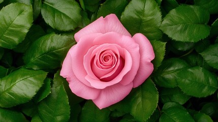 Poster - Pink Rose in Bloom Surrounded by Green Leaves