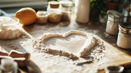 Heart Shape of White Flour on Wooden Table with Rolling Pin and Baking Ingredients in Morning Light