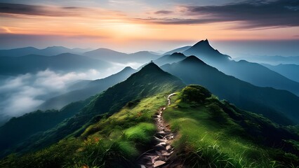 Hiking trail on a mountain ridge surrounded by mist and vibrant green scenery AI generative.