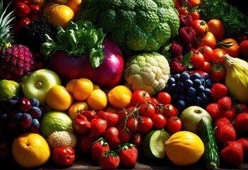 colorful seasonal produce displayed vibrant arrangement fresh fruits vegetables, abundance, appetizing, basket, bounty, bright, cooking, culinary