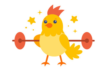 Cartoon Chicken feels pressure as he lifts the barbell with his arms and legs. With some stars vector design