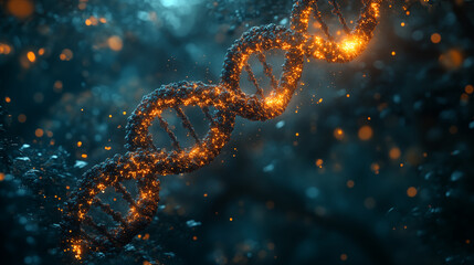 Glowing DNA strand with orange particles on teal background. Concept of genetic research